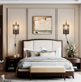 Only Supports Plug-in Rustic Farmhouse Wall Sconces Set Of 2, Vintage Industrial Plug-in Wall Lights With Clear Glass Shade, Black And Gold Finis (Option: Black and Gold)